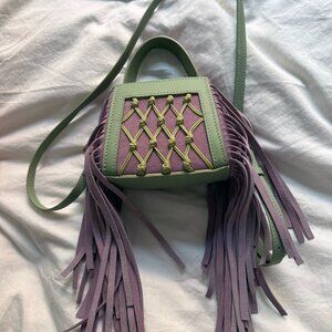 PIPATCHARA Mini Fringe Bag Purple Green Suede Leather RARE Sculptural Crossbody